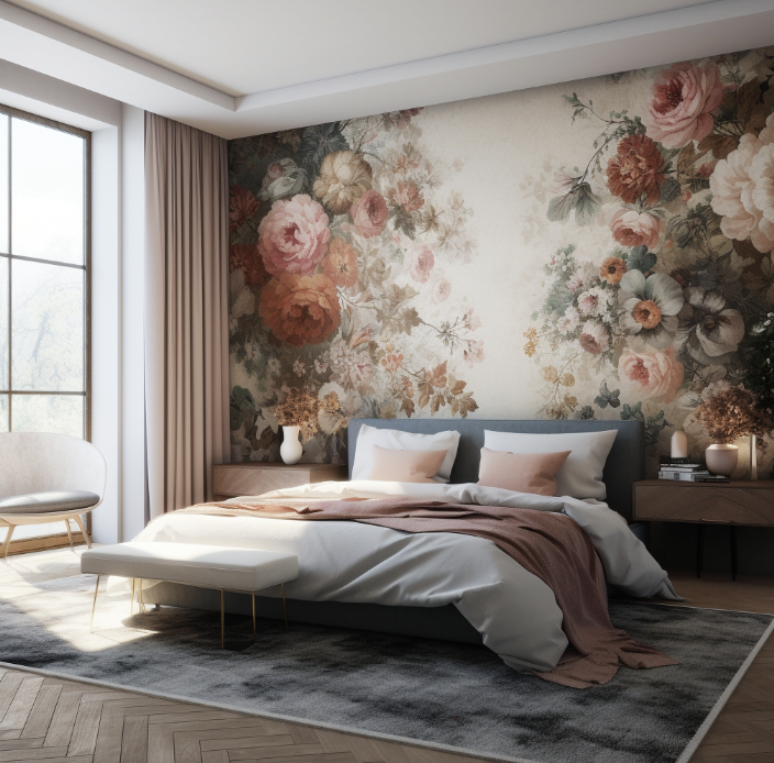 Papier peint à fleurs dans chambre moderne