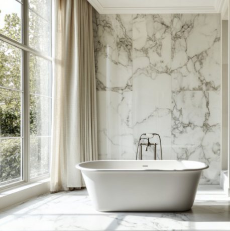 Marbre au mur et au sol dans une salle de bain