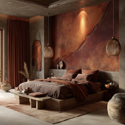 Chambre terracotta avec matériaux naturels
