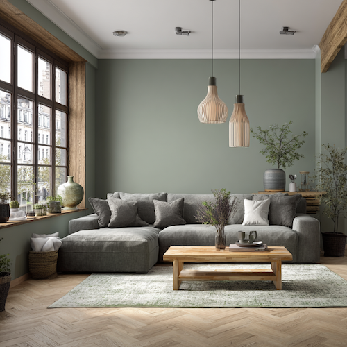 Salon avec décoration vert sauge