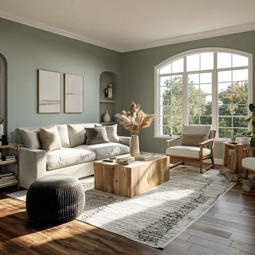 Salon avec décoration vert sauge