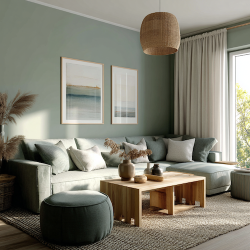 Salon avec décoration vert sauge avec blanc