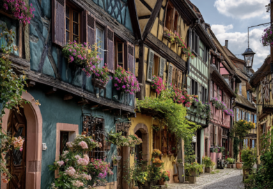 Maisons à colombage dans une rue d'alsace