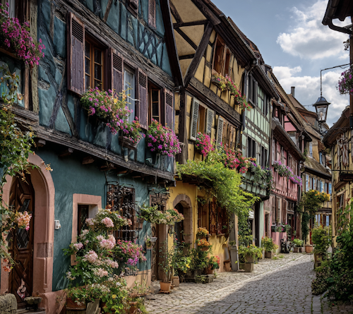 Maisons à colombage dans une rue d'alsace
