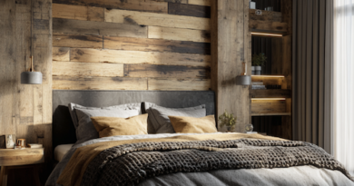 Tête de lit en bois dans chambre à coucher