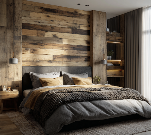 Tête de lit en bois dans chambre à coucher