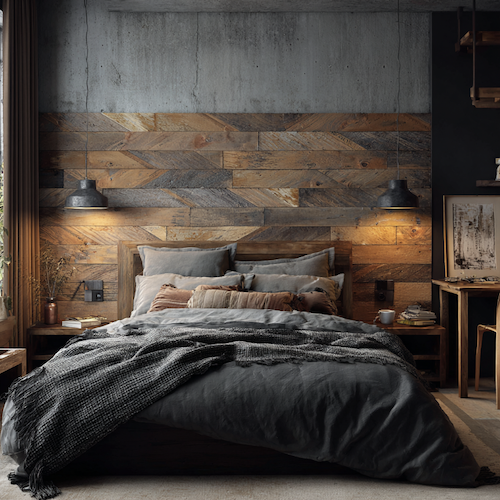 Tête de lit en bois dans chambre à coucher